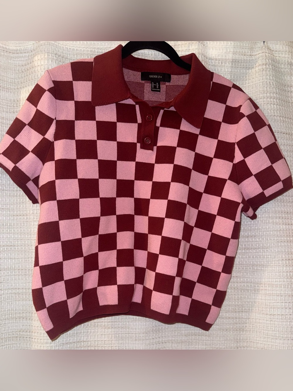 Forever 21 Pink and Burgundy Checkered Polo Knit Top